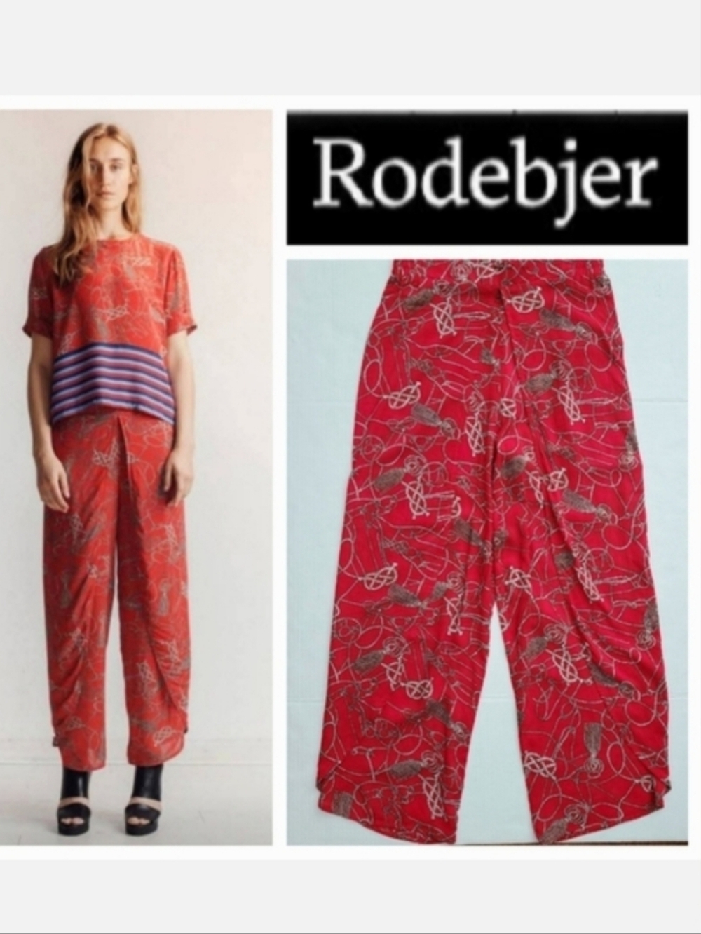RODEBJER Nala Pant 2014 RTW Collection Lipstick Red Tassels Print Sz XS NWT